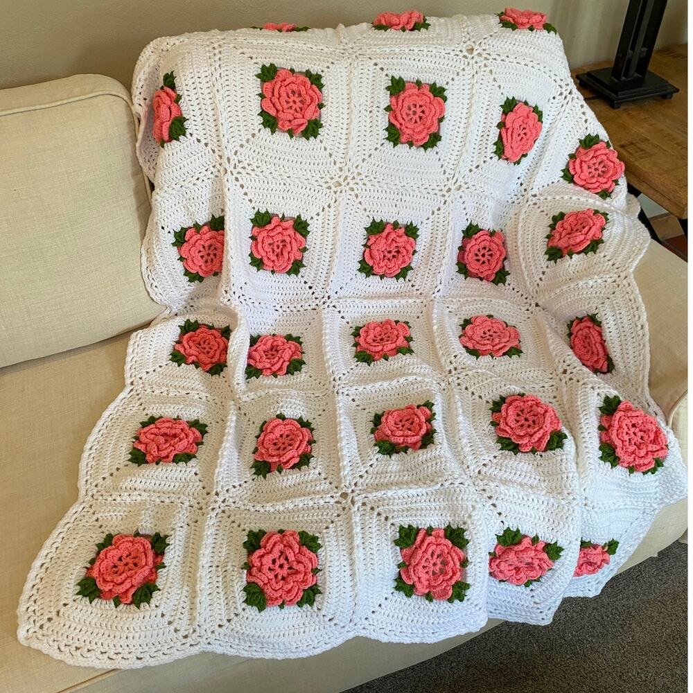 Handmade Crochet 3D Rose Flower Afghan Throw White Pink Green Granny Square 48"
